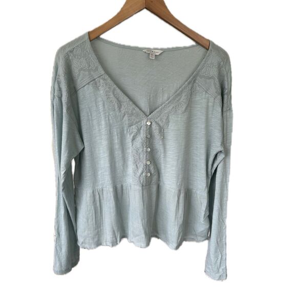 Lucky Brand NWOT Semi Sheer Lace Trim Pintuck Peplum Long Sleeve Top M - Picture 1 of 9